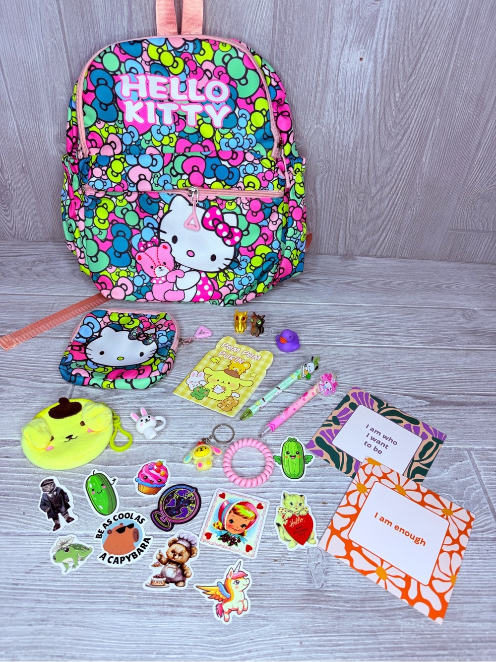 Hello kitty backpack bundle change purse stickers keychain dragon pens paper